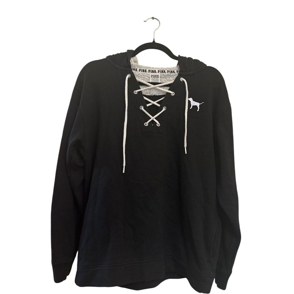 Victoria’s Secret PINK Black Lace Up Hoodie Large Logo Pullover Size S